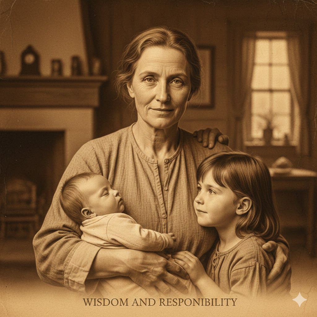 Adult in vintage sepia style representing achievements and family life
